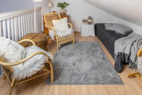 罗瓦涅米Arctic Circle Home close to Santa`s Village的客厅配有椅子、床和地毯