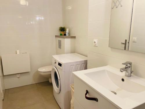 罗德兹LE SAINT CYRICE的白色的浴室设有洗衣机和水槽。