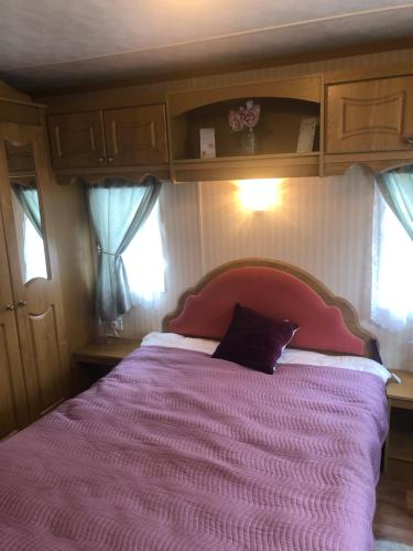 法尔卡拉Màire’s Mobile Home的一间卧室配有一张带粉色毯子的大床