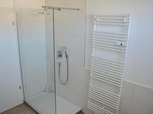 瓦瑟堡Ferienwohnung 180 Grad的浴室里设有玻璃门淋浴