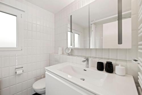 英格堡Sunny Design Chalet in Engelberg with spectacular view on Mount Titlis的白色的浴室设有水槽和卫生间。