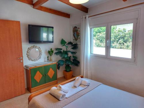 PentamodiEva's House, Cozy Apartment in Traditional Village的一间卧室设有一张床、一台电视和一个窗口。