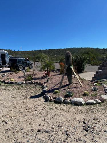 Black Canyon CityBlack Canyon Campground And Cabins的一个带有岩石和卡车的花园的院子