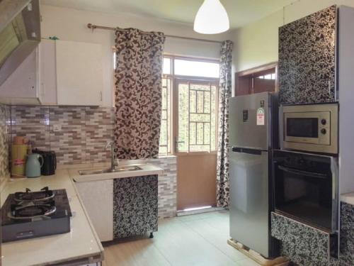 基加利Kagarama Residential House:的厨房配有不锈钢冰箱和窗户