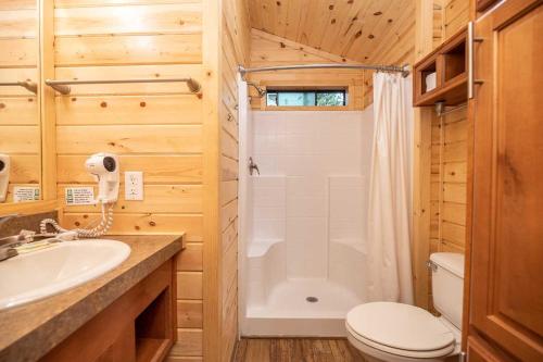 洛迪Jellystone Park Tower Park Resort的带淋浴、卫生间和盥洗盆的浴室