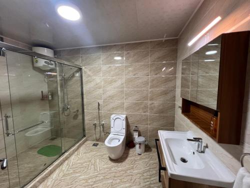 金沙萨Hotel Golf Coast的带淋浴、卫生间和盥洗盆的浴室