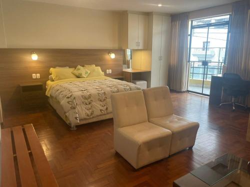 利马FLAT AMOBLADO EN PUEBLO LIBRE - LIMA - PERÚ的一间大卧室,配有一张床和一把椅子