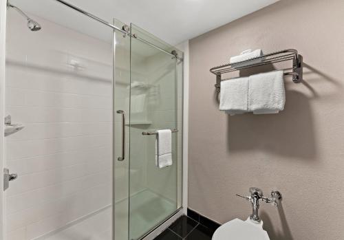 雷丁Red Roof Inn Reading的一间带玻璃淋浴和卫生间的浴室