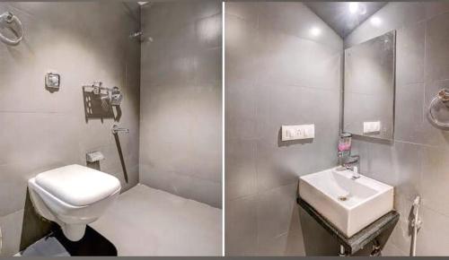 孟买Hotel Deluxe Residency的浴室的两张照片,配有卫生间和水槽