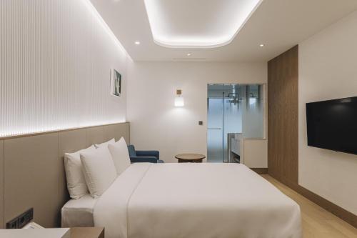 釜山阿班酒店的一间酒店客房,配有一张床和一台电视