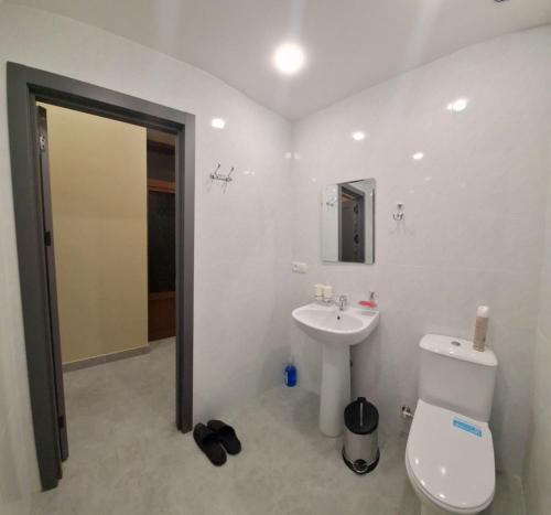 撒马尔罕Al Hilal Hostel的浴室配有白色卫生间和盥洗盆。