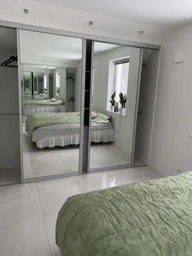 布罗斯Natursköna的一间卧室设有两张床和大镜子