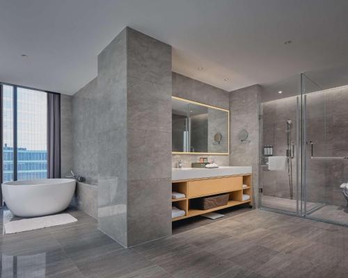 成都成都生物城凯悦嘉轩酒店的带浴缸、水槽和淋浴的浴室