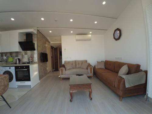 伊斯坦布尔塔克辛公寓的客厅配有2张棕色沙发和1张桌子