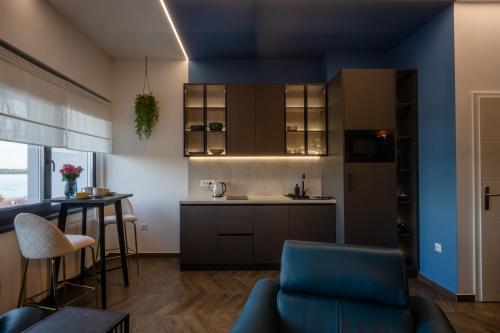 武科瓦尔Studio Apartman Stari Toranj IV的厨房和带蓝色天花板的客厅