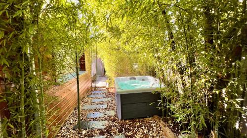 居让梅斯特拉La Villa Canopée - Piscine chauffée-Fibre-Clim-Jacuzzi的树木繁茂的花园内的浴缸