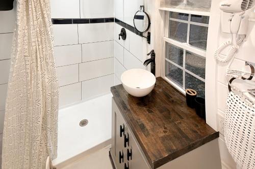 Mills RiverCozy Lakeview Cottage的木制柜台上带卫生间的浴室