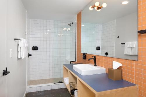 布恩Rhode's Motor Lodge的一间带水槽和淋浴的浴室