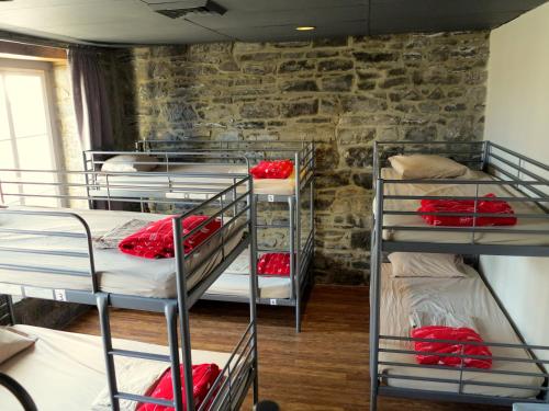 蒙特利尔Alt Hostel的石墙客房内的一组双层床