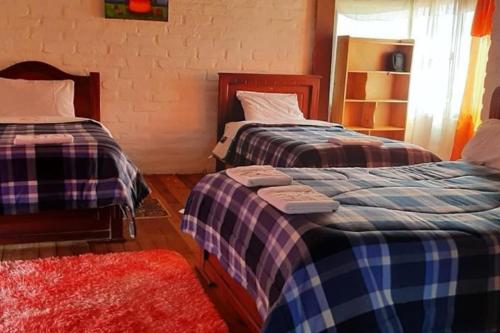 里奥班巴Casa de campo con hermosa vista的一间带两张床的卧室和红色地毯
