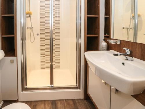 阿罗柴尔Loch Lomond Holiday Home的带淋浴和盥洗盆的浴室