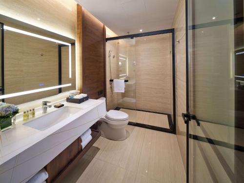 鞍山鞍山希尔顿花园酒店 的浴室配有卫生间、盥洗盆和淋浴。