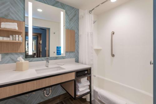 坎顿Hilton Garden Inn Boston Canton, Ma的一间带水槽和淋浴的浴室