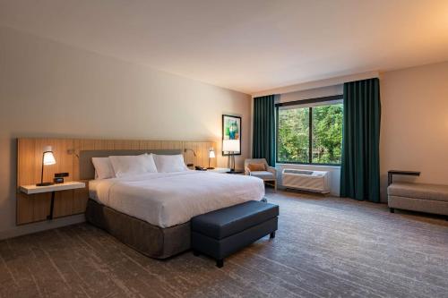 坎顿Hilton Garden Inn Boston Canton, Ma的酒店客房设有床和窗户。