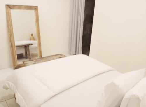 登巴萨Classic Local House Grenceng的卧室配有白色的床和镜子