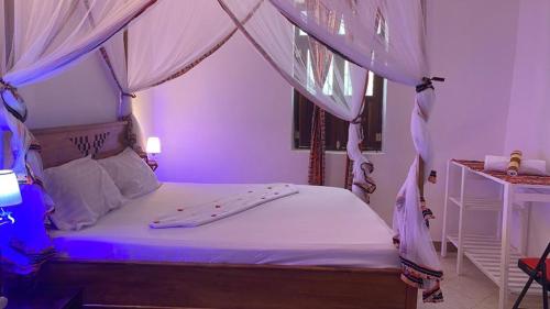 Stone TownAfrican Angel House B&B的一间卧室配有一张带紫色照明的天蓬床