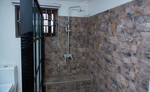 塔科拉迪Sosa Guest House的浴室设有石墙淋浴和淋浴头