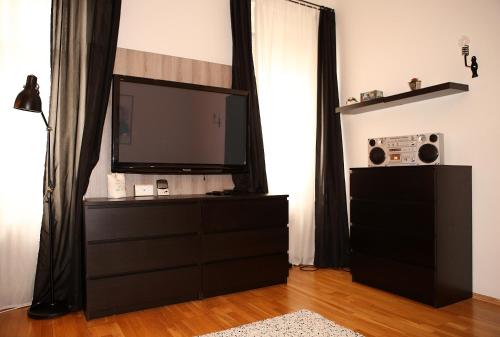 布拉迪斯拉发Cozy Apartment in the Middle of Bratislava的客厅配有梳妆台上的平面电视