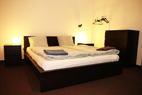 布拉迪斯拉发Cozy Apartment in the Middle of Bratislava的一间卧室配有带2个床头柜和2盏灯的床