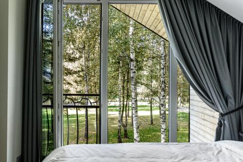 莫雷泰Miško Spa namas的卧室设有大窗户,享有树林美景。