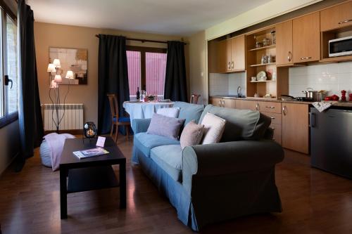 卡尼略圣伯纳特公寓的一间带蓝色沙发的客厅和一间厨房