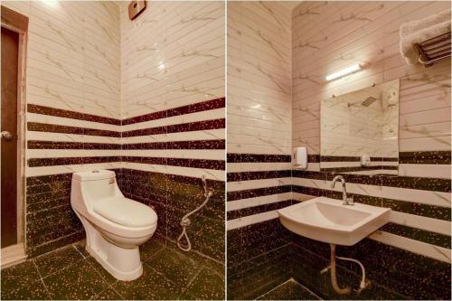 ChandrāvatiRoyal Casa - Asra Hotel的浴室的两张照片,配有卫生间和水槽