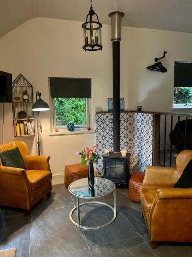 安纳斯考尔Railway cottage Annascaul的客厅配有家具和燃木炉
