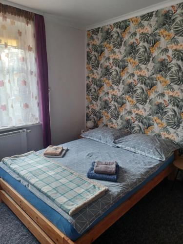 托伦Mieszkanie Apartament Lord的卧室内的一张床铺,配有花卉壁纸