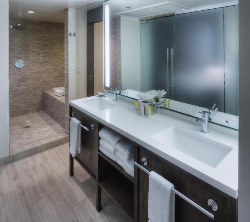 波特兰Hotel Eastlund - Best Western Premier Collection的一间带水槽、镜子和淋浴的浴室