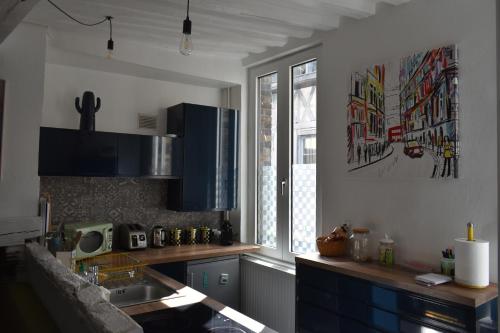 鲁昂Maison hypercentre Rouen tout confort的厨房配有蓝色橱柜、水槽和窗户。