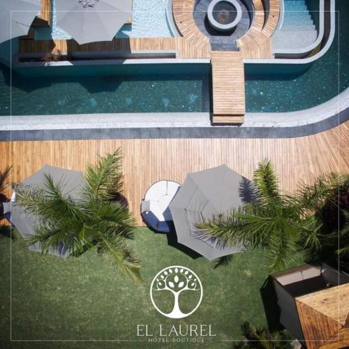 绍其德贝克El Laurel Hotel Boutique的享有游泳池的顶部景色,游泳池配有遮阳伞和棕榈树