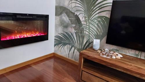 菲尼斯特雷Apartamento Capricho Finisterre Playa的客厅设有壁炉和电视。