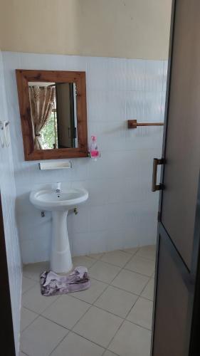 达累斯萨拉姆BBQ Lounge的白色的浴室设有水槽和镜子
