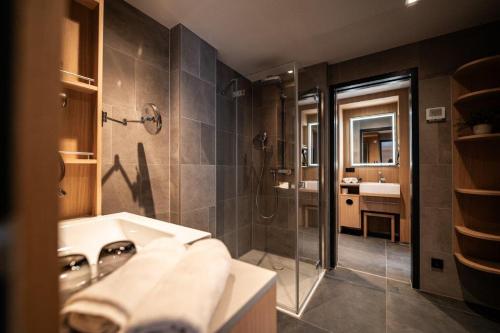 萨尔费尔德Kulmberghaus Resort的一间带水槽和淋浴的浴室