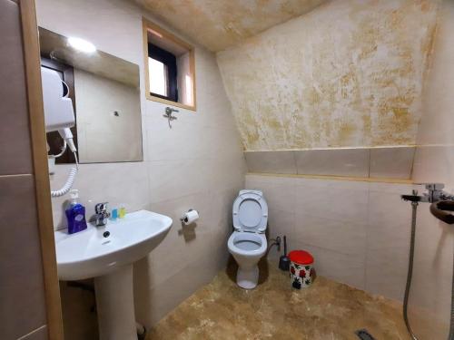 博尔若米K&M Cottage的浴室配有白色卫生间和盥洗盆。