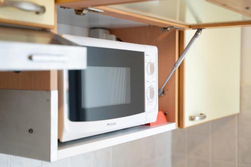 里米尼千禧公寓酒店的厨房的架子上设有微波炉