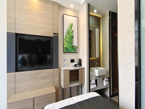 日喀则尚客优品日喀则扎什伦布寺酒店的一间卧室配有电视、水槽和床。