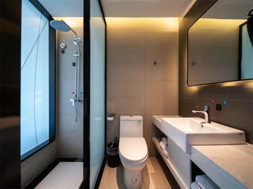 拉萨尚客优品西藏拉萨当热东路酒店的一间带卫生间、水槽和镜子的浴室