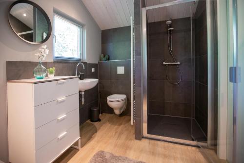 奥斯楚特Vakantiepark Latour的带淋浴、盥洗盆和卫生间的浴室