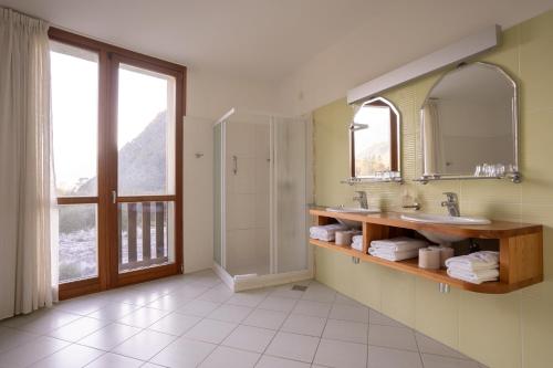 博维茨Hotel Boka的带淋浴、盥洗盆和镜子的浴室